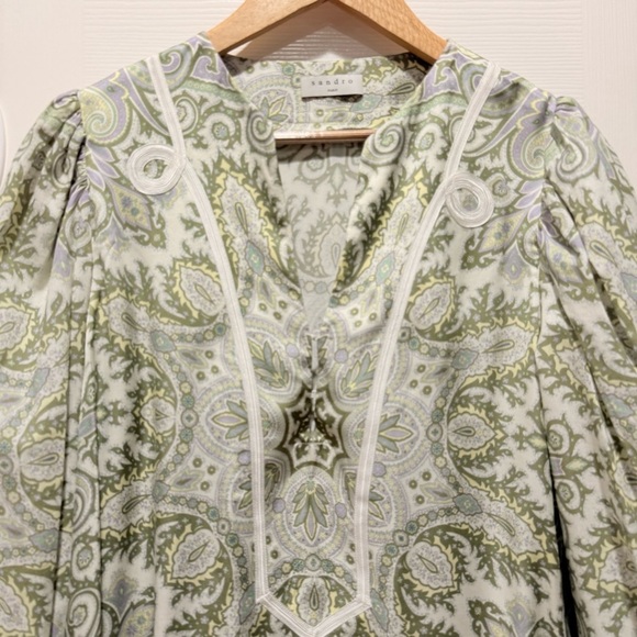 SANDRO PARIS Geraldine Graphic-Print  Mini Dress Sage Green Size FR 38 US6 - Picture 7 of 15